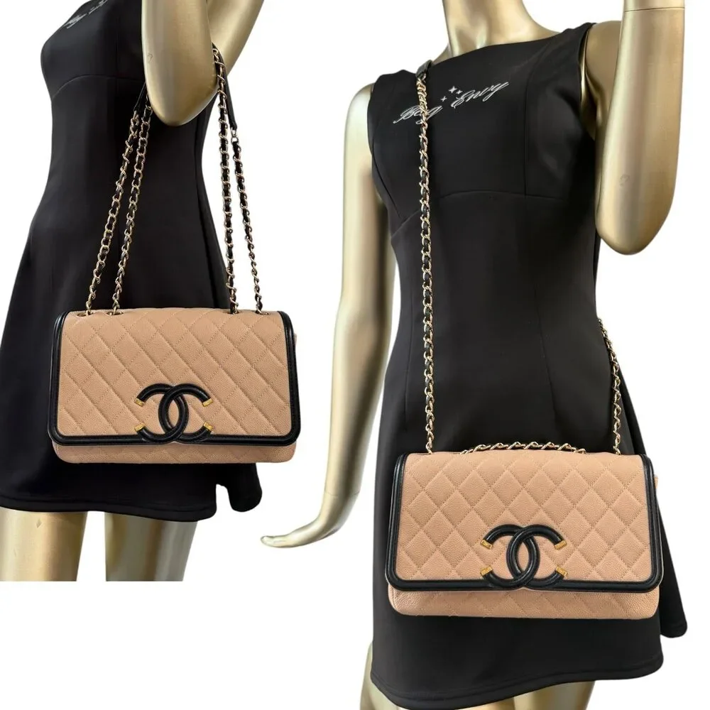 CHANEL Beige Black Caviar Medium CC Filigree Flap Bag